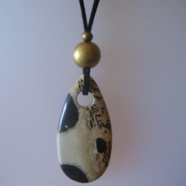 Picasso jasper pendant, 60x30 mm, antelina negra, Adjustable metal golden buttons