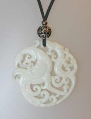 Penjoll de jade blanc, 70 mm diàmetre, antelina gris, fornitures platejades