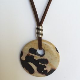 318-315 Picasso jasper pendant, 40mm diameter, brown suede and silver trimmings